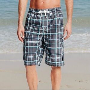 Kanu Surf Gray Plaid Swim Board Shorts with Aqua Stripe